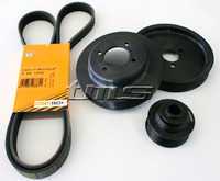 T#340398 - PPK-S54 - Turner Motorsport Power Pulley Kit - E46 M3 - Underdrive Power Pulleys work to 'free up' horsepower. Any accessory that spins from the main drive belt is using up power. That's power that could otherwise be used to move the car. By giving some of that power back to the engine, you can make the car faster! It's like FREE HORSEPOWER!Underdrive pulleys for your BMW will slow down engine-mounted accessories - the water pump, power steering pump, and alternator*. These systems contribute to 'parasitic losses' - power lost from what the engine could produce if it did not have these systems. Since less energy is used to move them, that power is transferred back to the engine and used to propel the car. Our pulleys give a 10-20% reduction in rotation, releasing 10hp on the E46 M3. There's also a small but noticeable improvement in throttle response too! We have done extensive testing and development work, both on and off the track, to ensure that the accessory systems function as they should. On our Racing pulley kits we actually underdrive certain components more so we feel our Street pulleys are an ideal compromise between power/torque gains, reliability, and system performance. Our pulley kits have been on the market for over ten years, and used in all of our own cars, with zero component failures related to their use.Our pulleys are made from T-6061 aluminum and finished in a durable black hard anodize that is very resistant to wear, chemical exposure, and heat. We designed our pulleys to look similar to the factory parts but also to be stronger and, in most cases, slightly lighter too. For example, a Turner alternator pulley is less than half the weight of the stock steel pulley! With our hardcoat aluminum you will never have to worry about a serious failure of a stock plastic pulley. A 'stealth' approach to aesthetics was our goal and we let the results speak for the pulley design. Installation is straight forward and easy with simple hand tools. Removal of the fan is required for access to the front of the engine. Total install time for a 3-piece pulley set should be around 1.5 hours. A new longer belt is included and we also recommend replacing the separate A/C belt, belt tensioners, and the guide and deflection pulleys at the same time.* Alternator Pulley OptionsStereo Systems. We offer our kits in two different ways: the full Power Pulley Kit with all 3 pulleys or a 2 pulley kit if you do not wish to underdrive your alternator (for large stereo systems or other battery-draining modifications). Our kits have been tested for compatability with the factory premium stereo systems (Harmon Kardon, etc). But any major alterations or upgrades from the factory system will work best with our 2 pulley kit and no underdriving of the alternator. For all stock stereo systems the 3 pulley set is recommended because the Turner alternator pulley will help make more power and is also much lighter than the stock pulley.Additional InfoClickHere for example Dyno ChartClick here for installation instructions.This underdrive pulley kit fits the following BMW:2001-2006 E46 M3 coupe & convertible2001-2002 MZ3 Z3 M Roadster / Z3 M Coupe (S54 engine) - Turner Motorsport - BMW