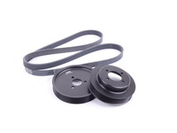 T#340398 - PPK-S54 - Turner Motorsport Power Pulley Kit - E46 M3 - Underdrive Power Pulleys work to 'free up' horsepower. Any accessory that spins from the main drive belt is using up power. That's power that could otherwise be used to move the car. By giving some of that power back to the engine, you can make the car faster! It's like FREE HORSEPOWER!Underdrive pulleys for your BMW will slow down engine-mounted accessories - the water pump, power steering pump, and alternator*. These systems contribute to 'parasitic losses' - power lost from what the engine could produce if it did not have these systems. Since less energy is used to move them, that power is transferred back to the engine and used to propel the car. Our pulleys give a 10-20% reduction in rotation, releasing 10hp on the E46 M3. There's also a small but noticeable improvement in throttle response too! We have done extensive testing and development work, both on and off the track, to ensure that the accessory systems function as they should. On our Racing pulley kits we actually underdrive certain components more so we feel our Street pulleys are an ideal compromise between power/torque gains, reliability, and system performance. Our pulley kits have been on the market for over ten years, and used in all of our own cars, with zero component failures related to their use.Our pulleys are made from T-6061 aluminum and finished in a durable black hard anodize that is very resistant to wear, chemical exposure, and heat. We designed our pulleys to look similar to the factory parts but also to be stronger and, in most cases, slightly lighter too. For example, a Turner alternator pulley is less than half the weight of the stock steel pulley! With our hardcoat aluminum you will never have to worry about a serious failure of a stock plastic pulley. A 'stealth' approach to aesthetics was our goal and we let the results speak for the pulley design. Installation is straight forward and easy with simple hand tools. Removal of the fan is required for access to the front of the engine. Total install time for a 3-piece pulley set should be around 1.5 hours. A new longer belt is included and we also recommend replacing the separate A/C belt, belt tensioners, and the guide and deflection pulleys at the same time.* Alternator Pulley OptionsStereo Systems. We offer our kits in two different ways: the full Power Pulley Kit with all 3 pulleys or a 2 pulley kit if you do not wish to underdrive your alternator (for large stereo systems or other battery-draining modifications). Our kits have been tested for compatability with the factory premium stereo systems (Harmon Kardon, etc). But any major alterations or upgrades from the factory system will work best with our 2 pulley kit and no underdriving of the alternator. For all stock stereo systems the 3 pulley set is recommended because the Turner alternator pulley will help make more power and is also much lighter than the stock pulley.Additional InfoClickHere for example Dyno ChartClick here for installation instructions.This underdrive pulley kit fits the following BMW:2001-2006 E46 M3 coupe & convertible2001-2002 MZ3 Z3 M Roadster / Z3 M Coupe (S54 engine) - Turner Motorsport - BMW